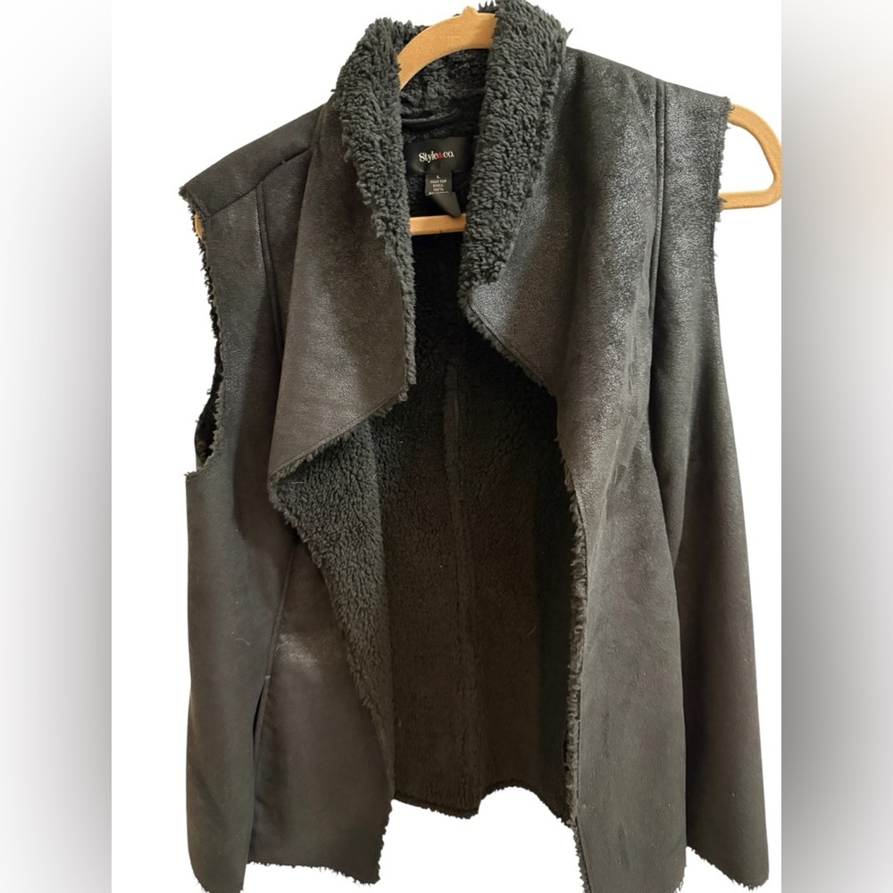 Style & Co Faux Suede Faux Fur Lined Draped Open Front Vest Women’s Size L Black